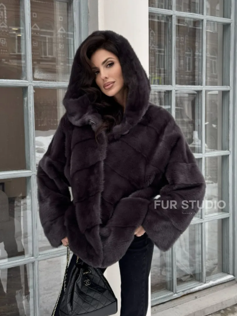 Меховой полушубок автоледи с капюшоном из меха норки графит - фото 10