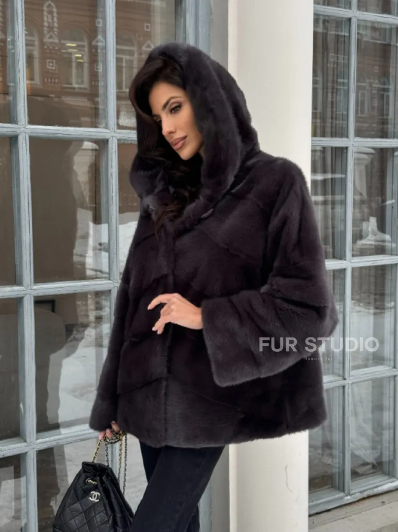 Меховой полушубок автоледи с капюшоном из меха норки графит - фото 9