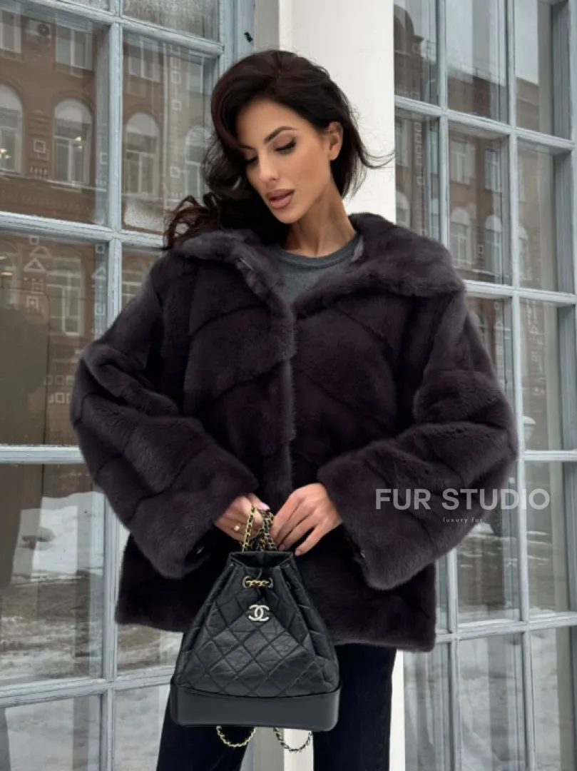 Меховой полушубок автоледи с капюшоном из меха норки графит - фото 5