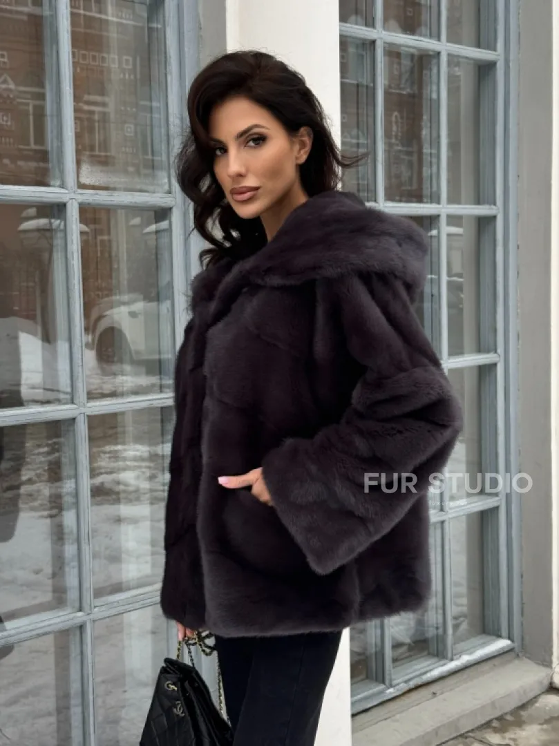 Меховой полушубок автоледи с капюшоном из меха норки графит - фото 7