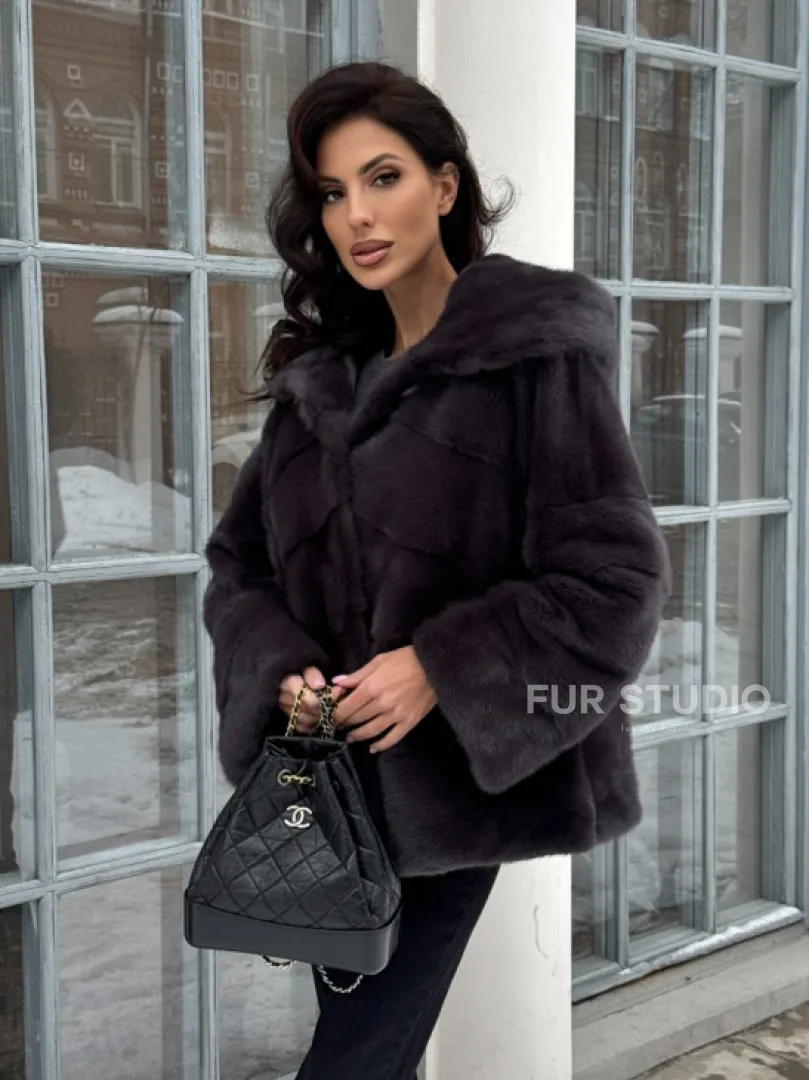 Меховой полушубок автоледи с капюшоном из меха норки графит - фото 8