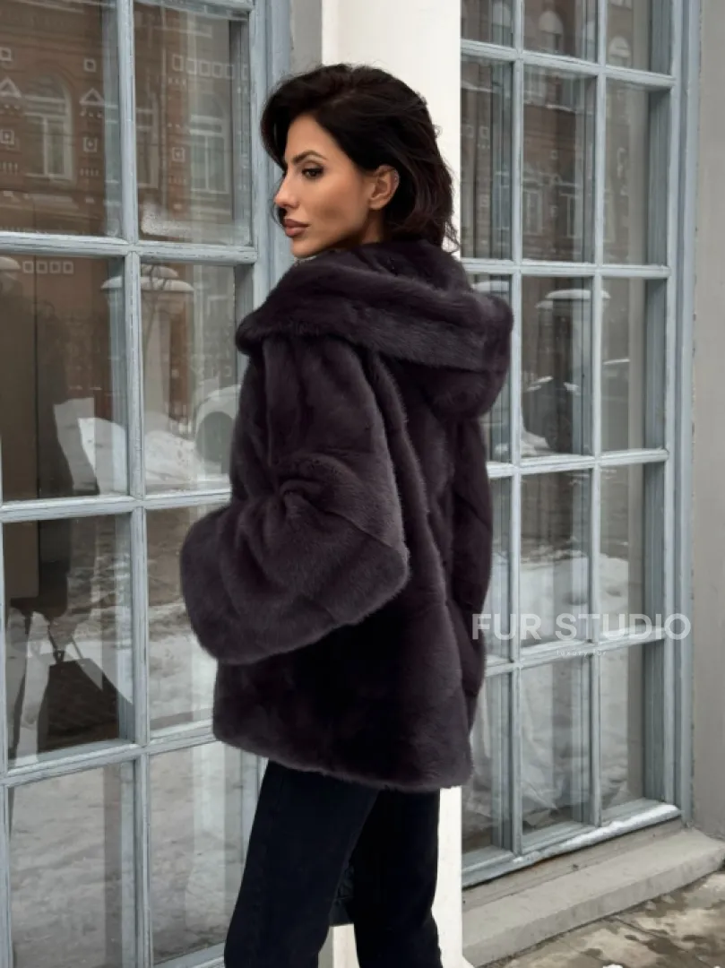 Меховой полушубок автоледи с капюшоном из меха норки графит - фото 6