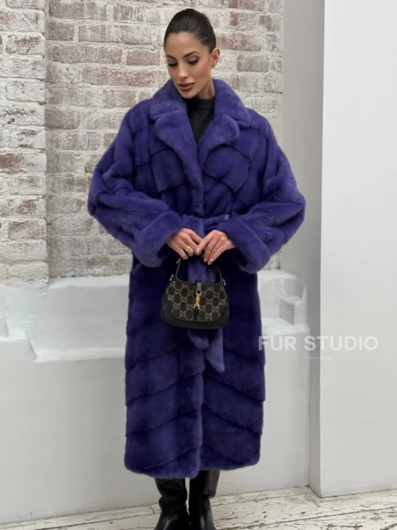 Норковая шуба кимоно с английским воротником в фиолетовом цвете - фото 6