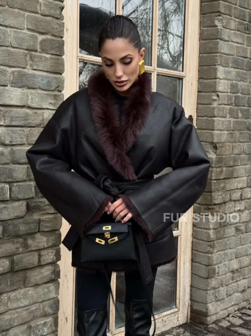 Двухсторонняя женская дубленка из итальянской тосканы Burgundy