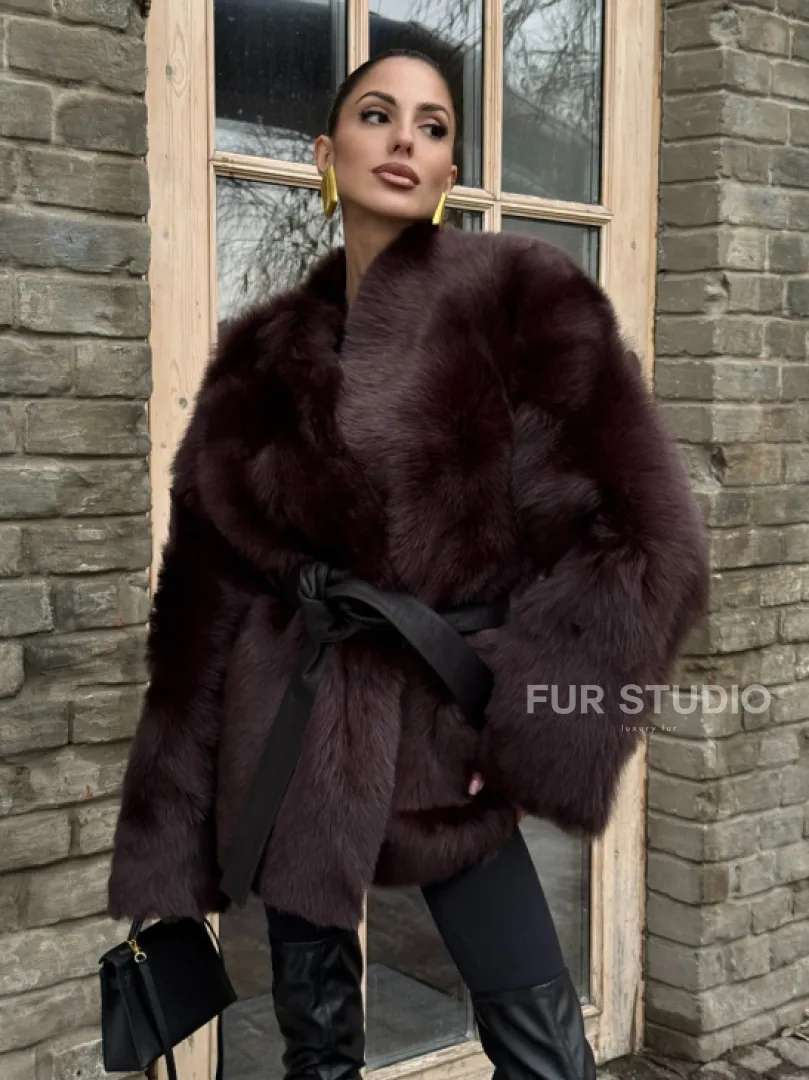 Двухсторонняя женская дубленка из итальянской тосканы Burgundy