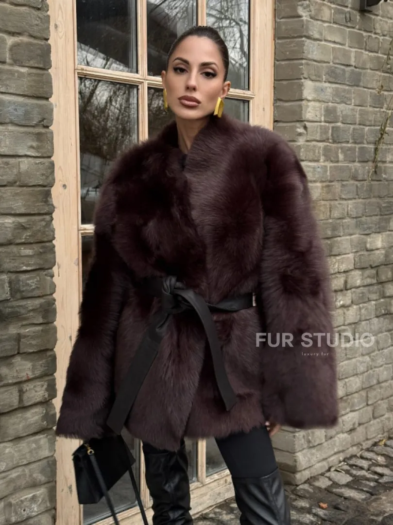 Двухсторонняя женская дубленка из итальянской тосканы Burgundy
