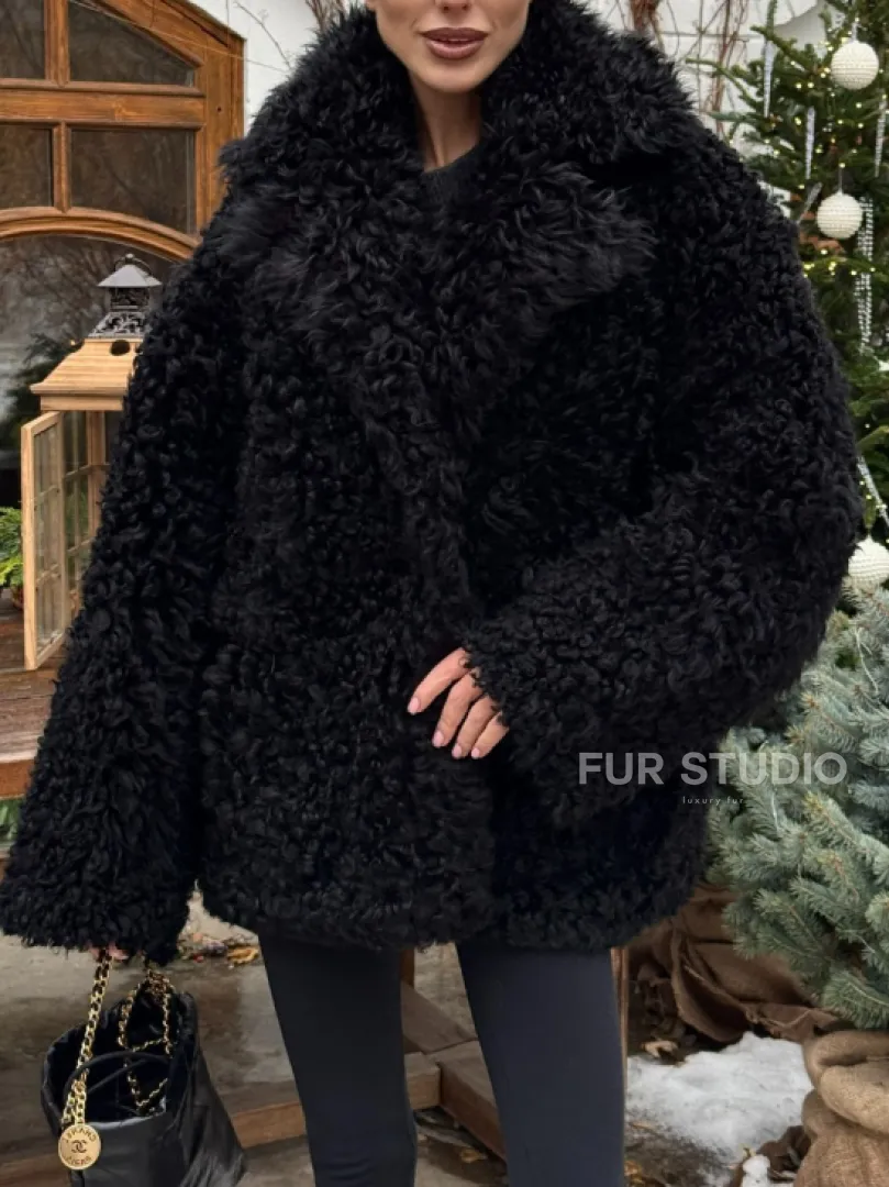 Черная короткая шуба - дубленка из испанской овчины «Тиградо» - фото 1