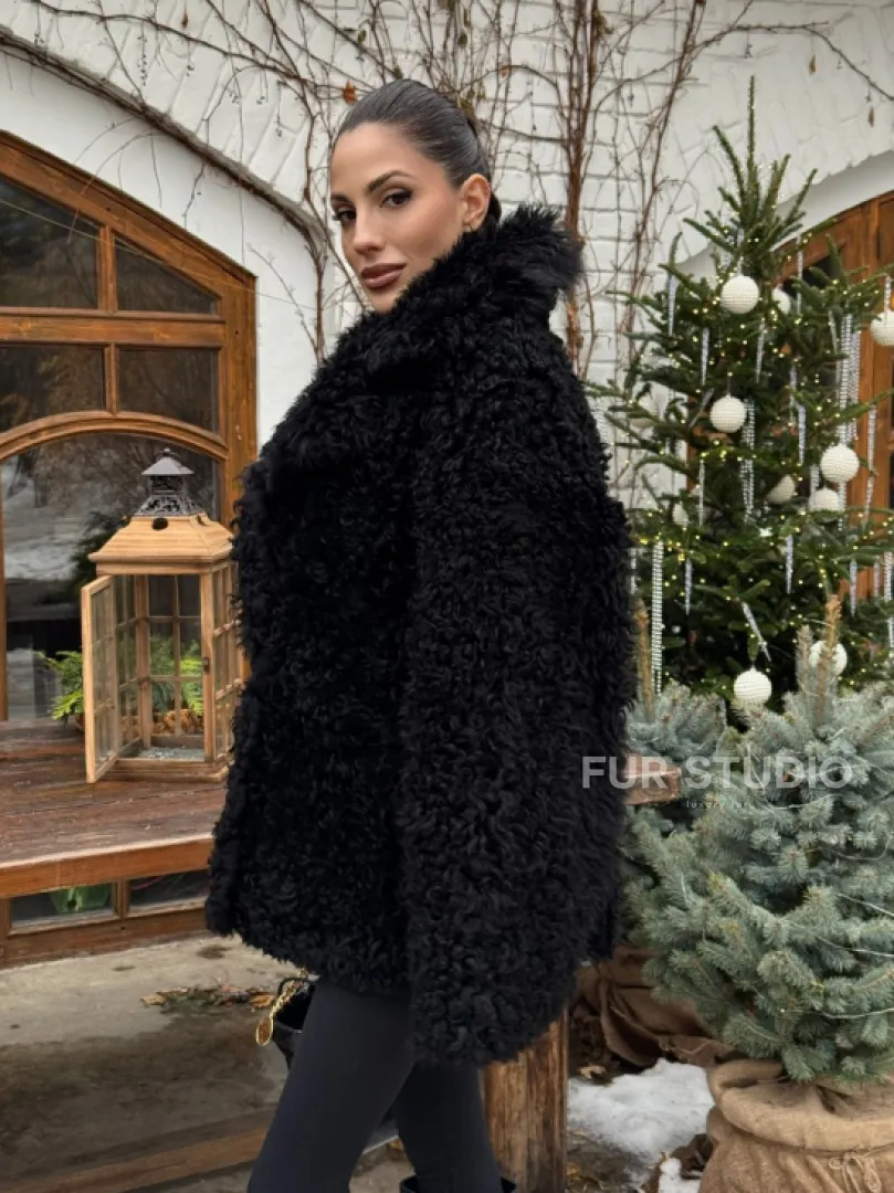 Черная короткая шуба - дубленка из испанской овчины «Тиградо» - фото 9