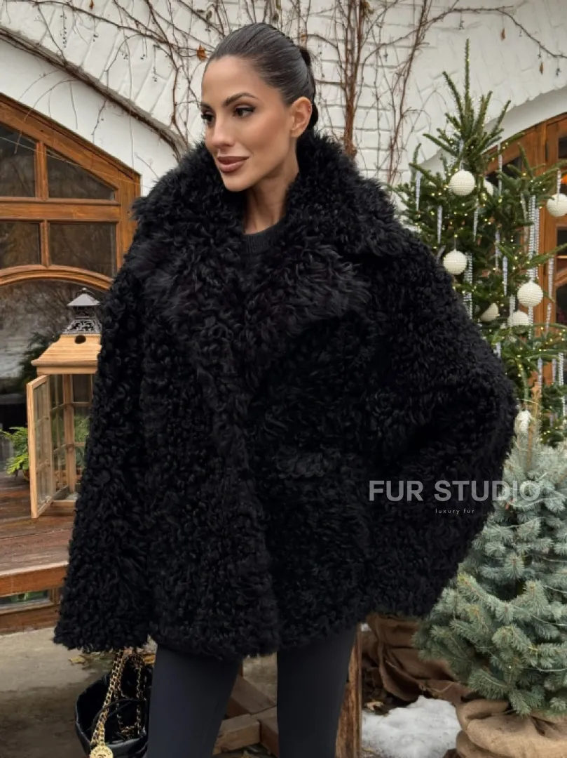 Черная короткая шуба - дубленка из испанской овчины «Тиградо» - фото 0