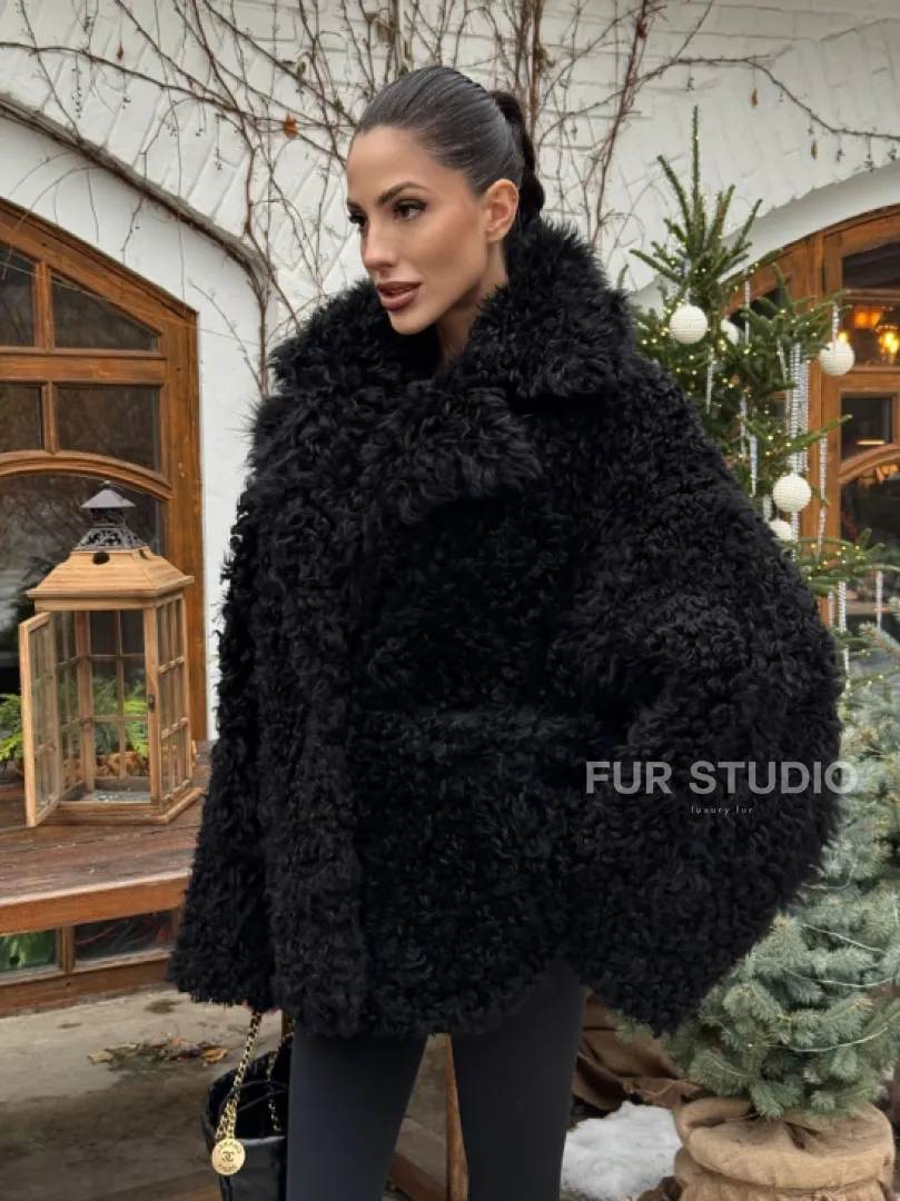 Черная короткая шуба - дубленка из испанской овчины «Тиградо» - фото 6