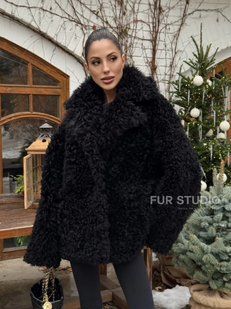 Черная короткая шуба - дубленка из испанской овчины «Тиградо» - фото 10