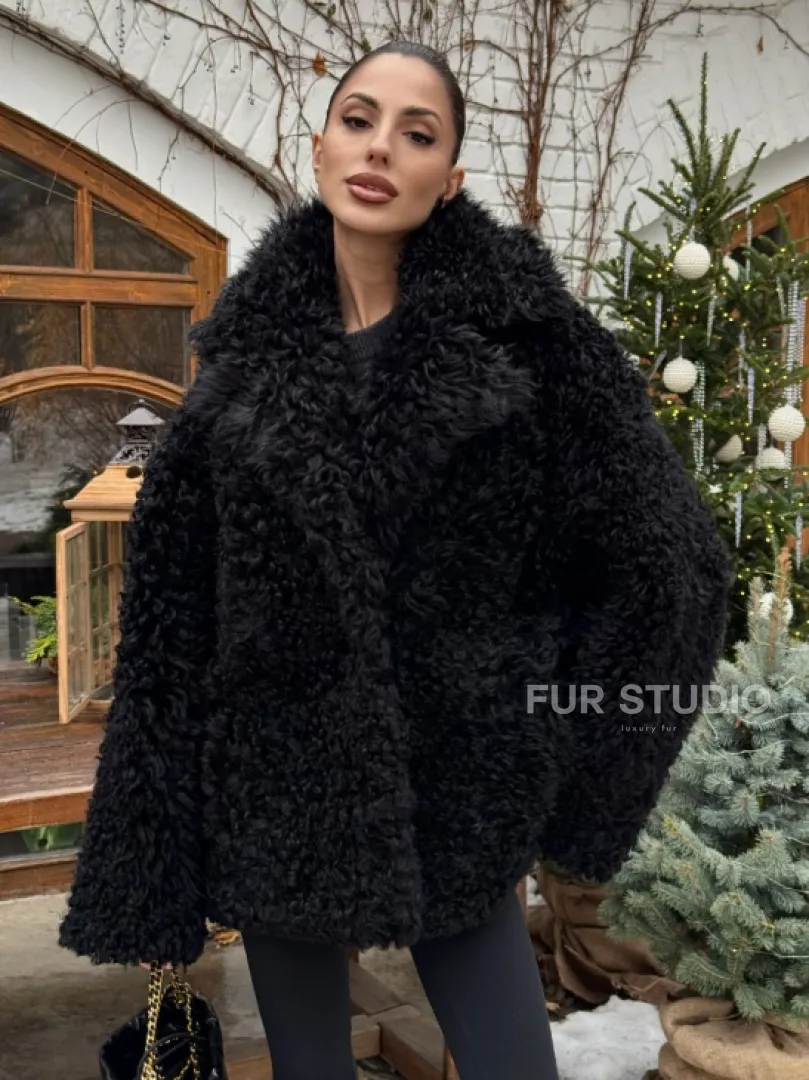 Черная короткая шуба - дубленка из испанской овчины «Тиградо» - фото 3