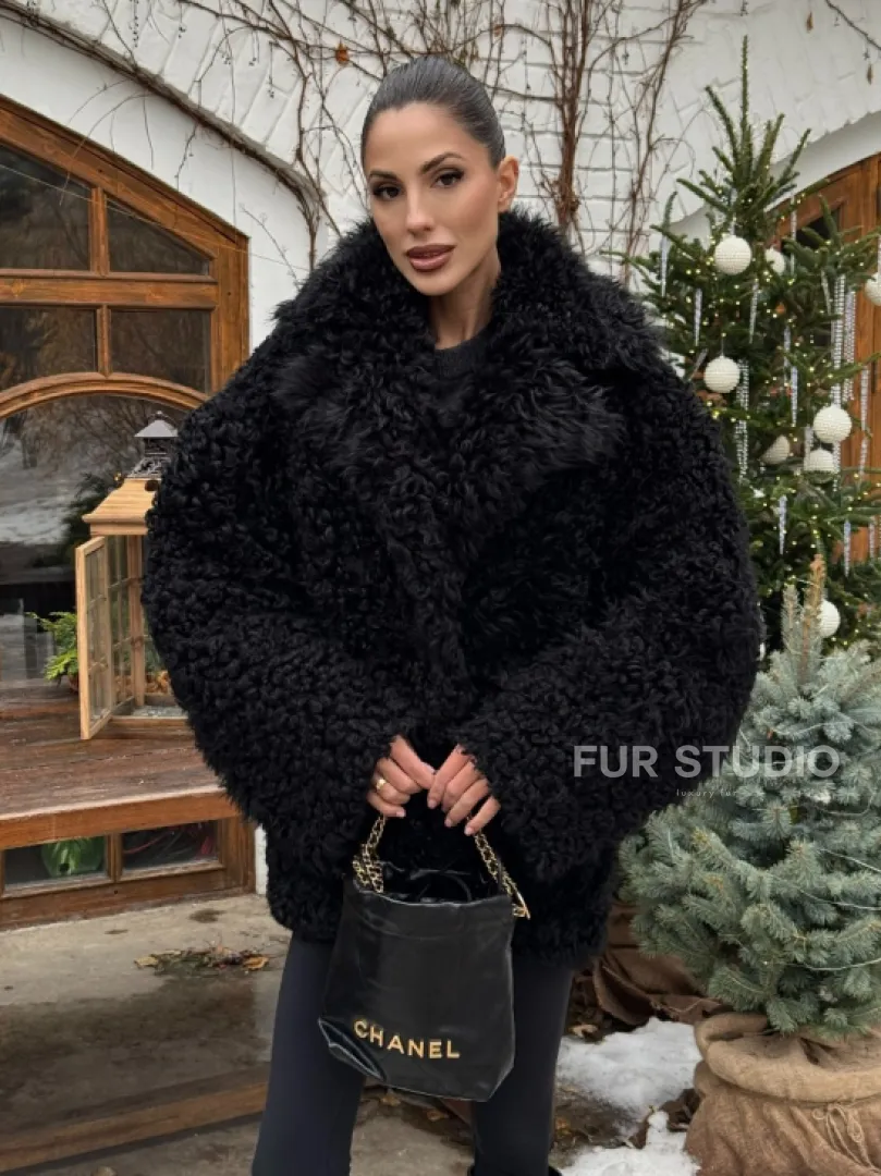 Черная короткая шуба - дубленка из испанской овчины «Тиградо» - фото 4