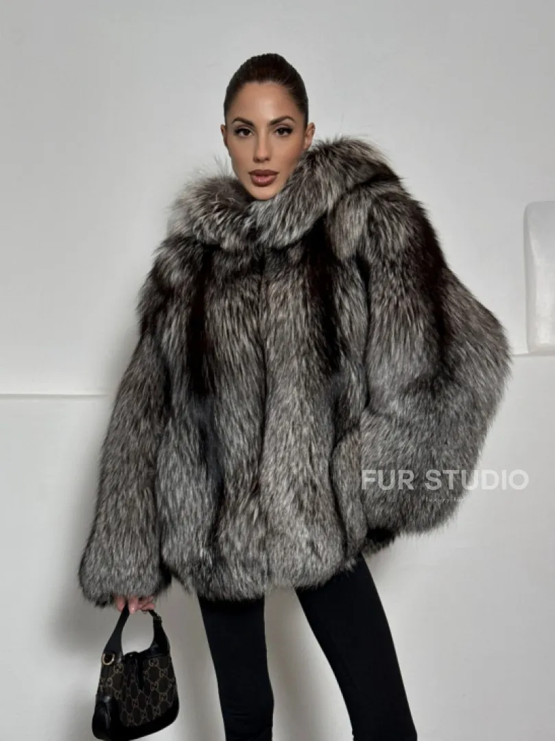 Полушубок из чернобурки с капюшоном цельные пластины - фото 10