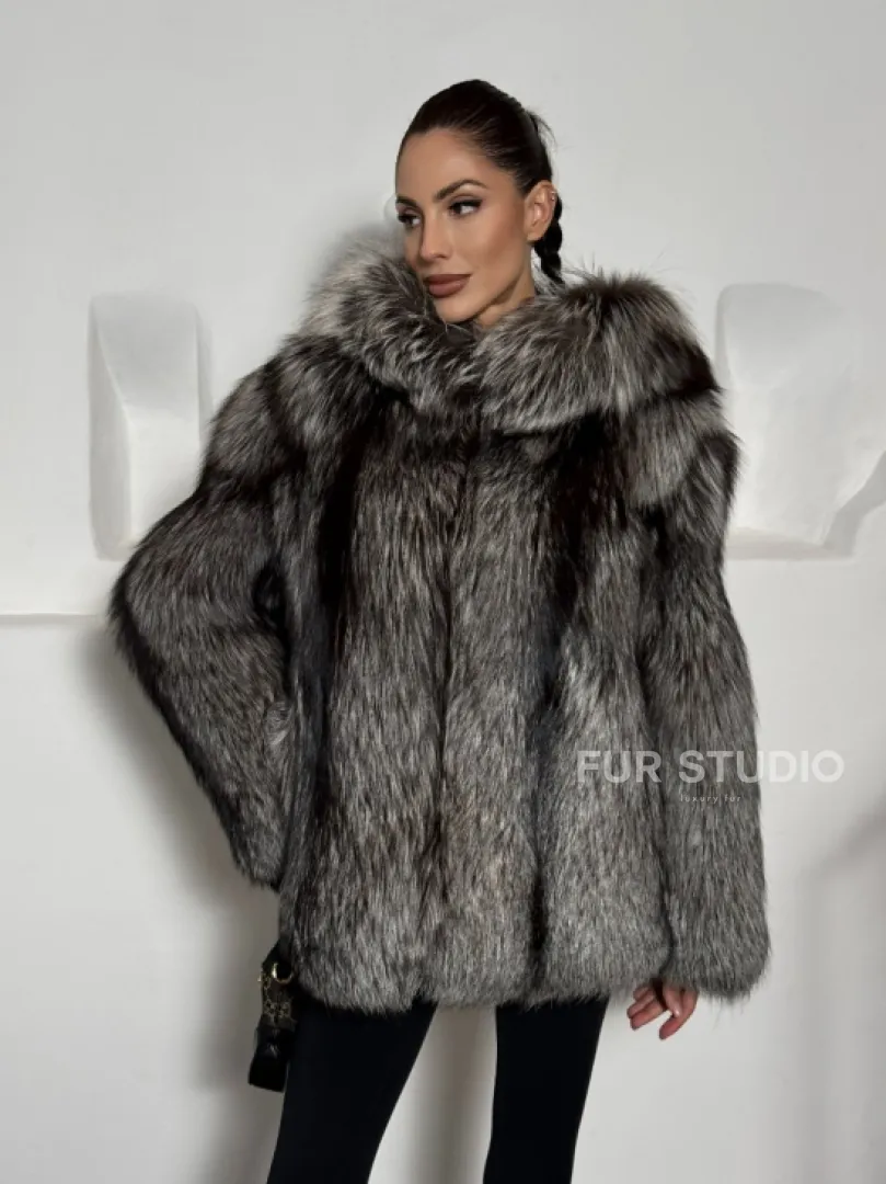 Полушубок из чернобурки с капюшоном цельные пластины - фото 7