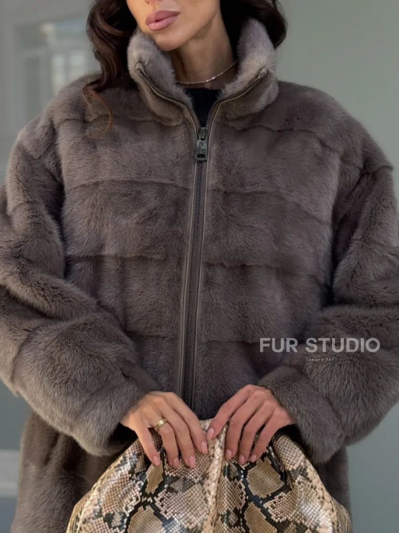 Норковая курта на молнии стойка воротник цвет мокко - фото 1