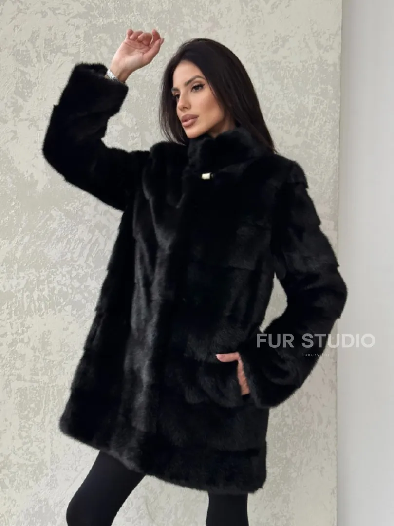 Норковая шуба средней длины стойка воротник - цвет черный