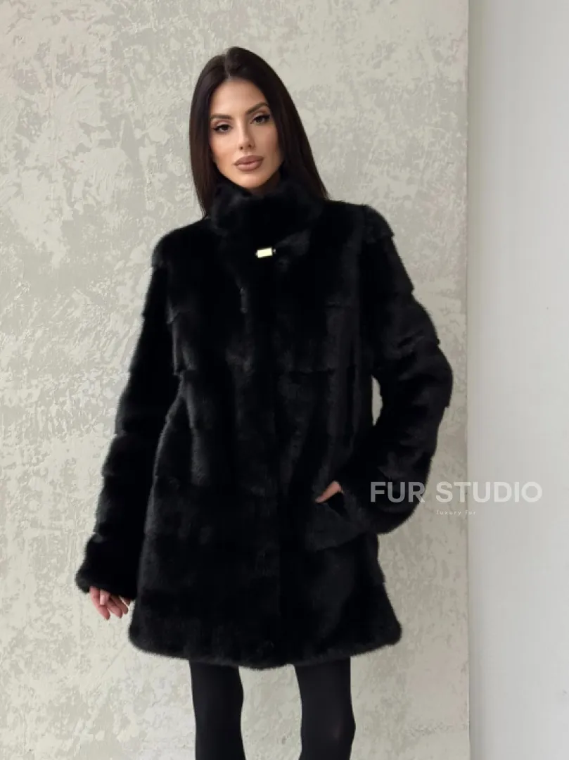 Норковая шуба средней длины стойка воротник - цвет черный - фото 9
