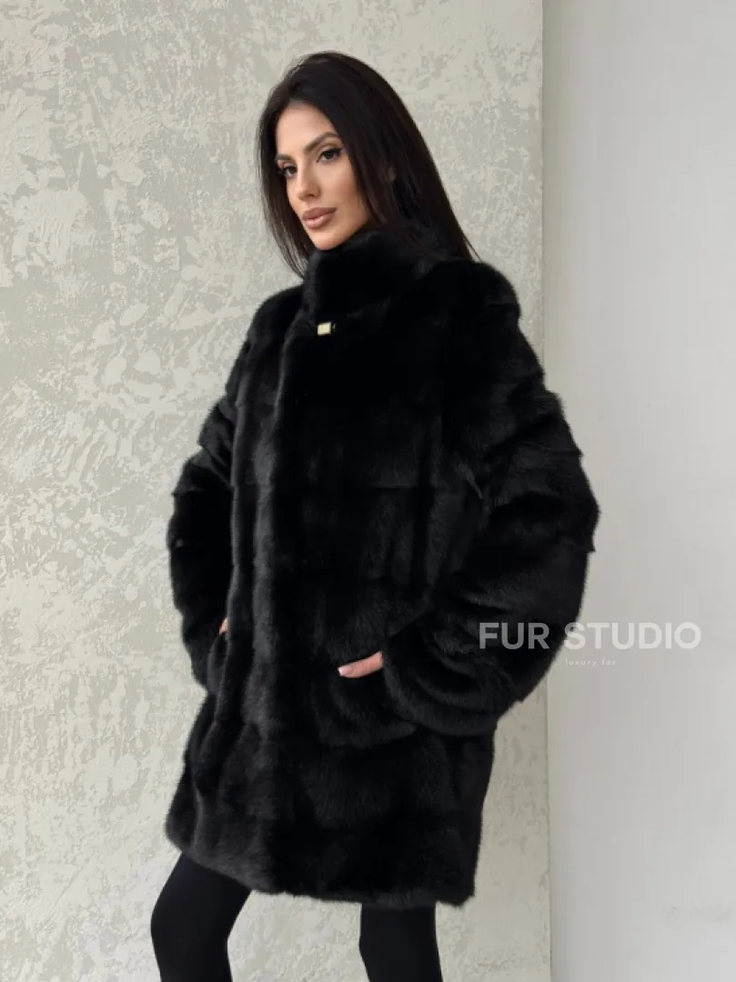 Норковая шуба средней длины стойка воротник - цвет черный