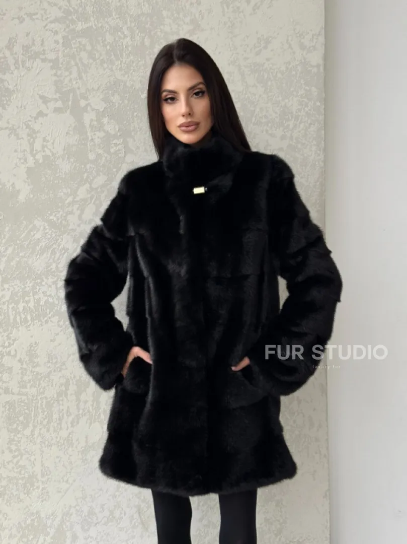 Норковая шуба средней длины стойка воротник - цвет черный - фото 8