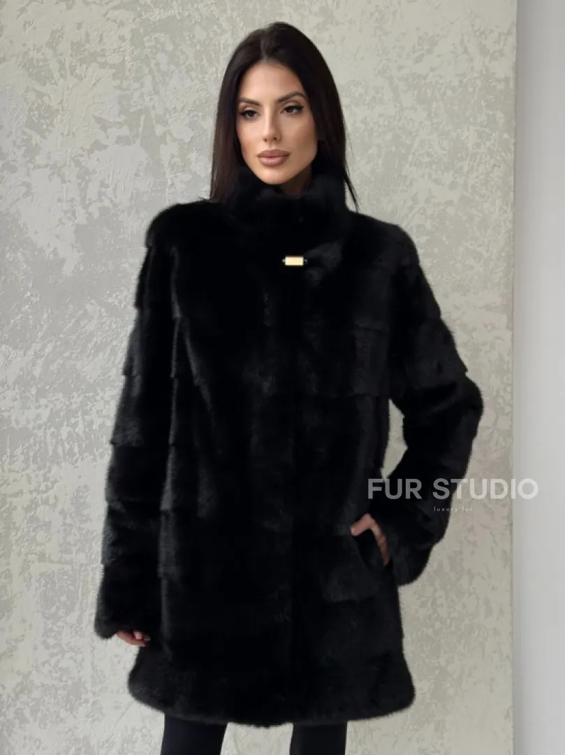 Норковая шуба средней длины стойка воротник - цвет черный - фото 0