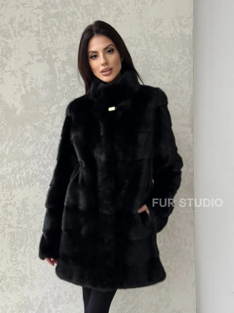 Норковая шуба средней длины стойка воротник - цвет черный - фото 7