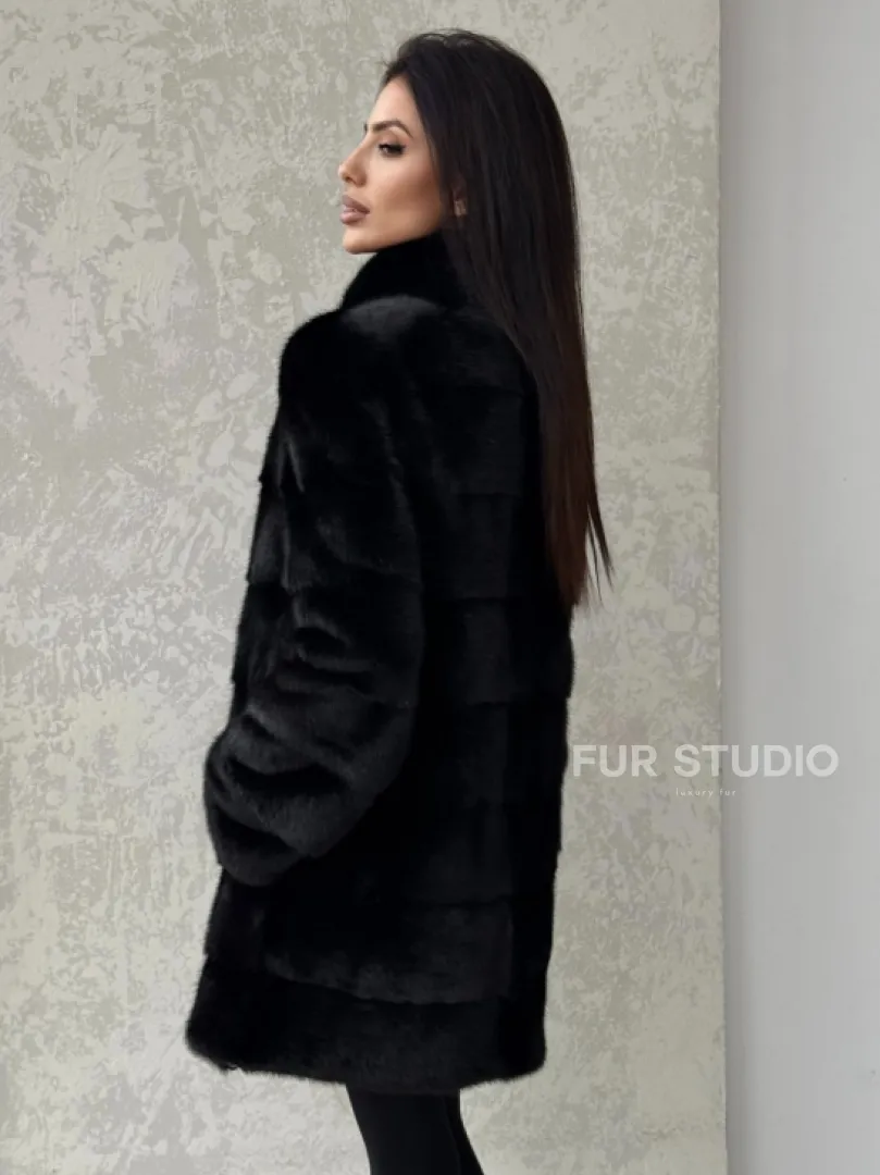 Норковая шуба средней длины стойка воротник - цвет черный