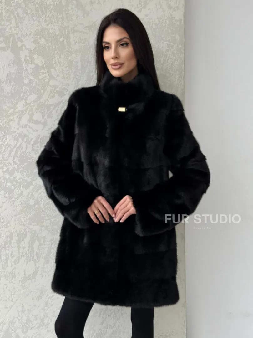 Норковая шуба средней длины стойка воротник - цвет черный