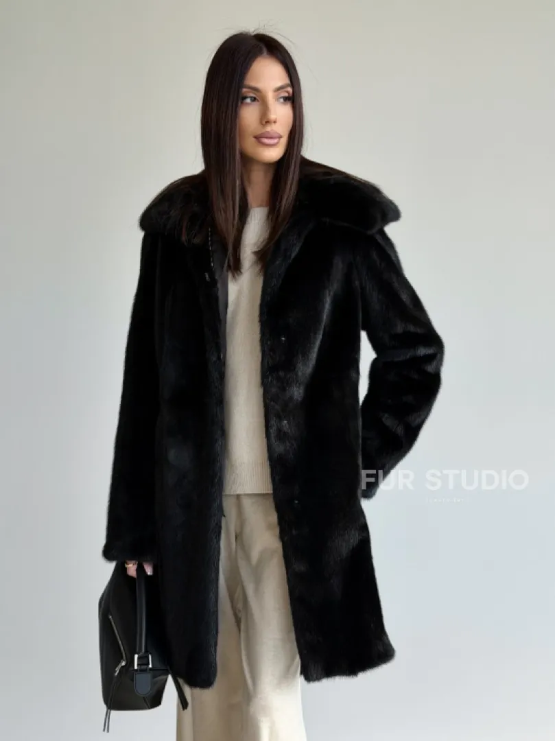 Норковая шуба с капюшоном и меховым поясом в цвете Black