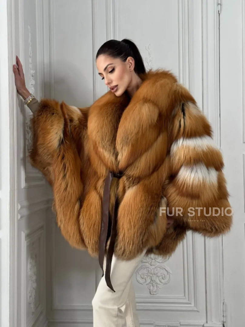Шуба - пончо из меха огненной лисы огненно-рыжая - фото 9
