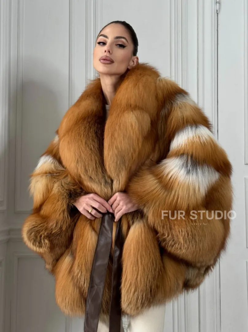 Шуба - пончо из меха огненной лисы огненно-рыжая - фото 0