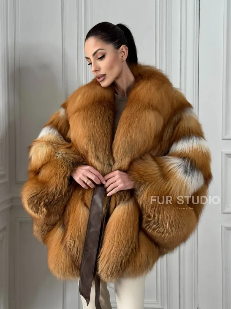 Шуба - пончо из меха огненной лисы огненно-рыжая - фото 4