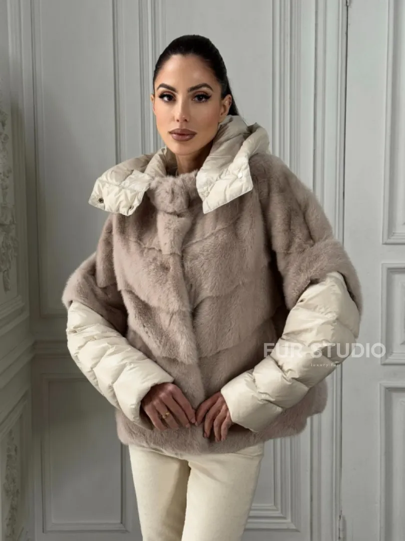 Норковый женский полушубок-жилет 2в1 в цвете «Нюд» - фото 0