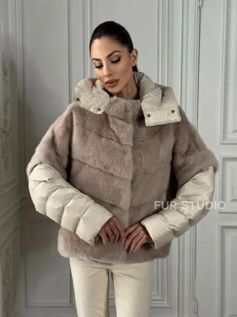 Норковый женский полушубок-жилет 2в1 в цвете «Нюд» - фото 3