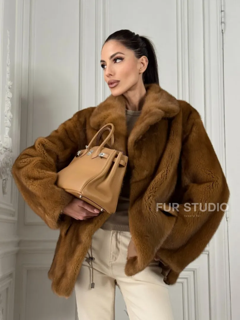 Полушубок норковый Vintage Dark Gold с английским воротником