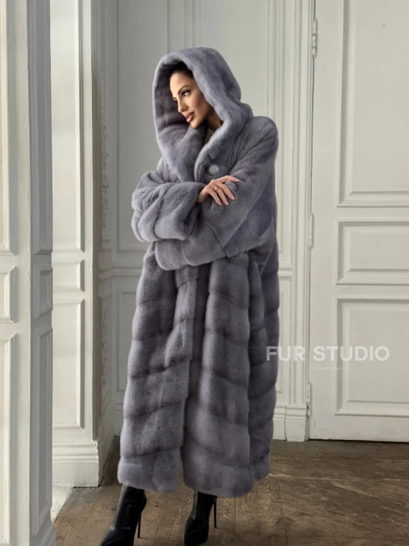 Длинная голубая норковая шуба с капюшоном PLUS SIZE