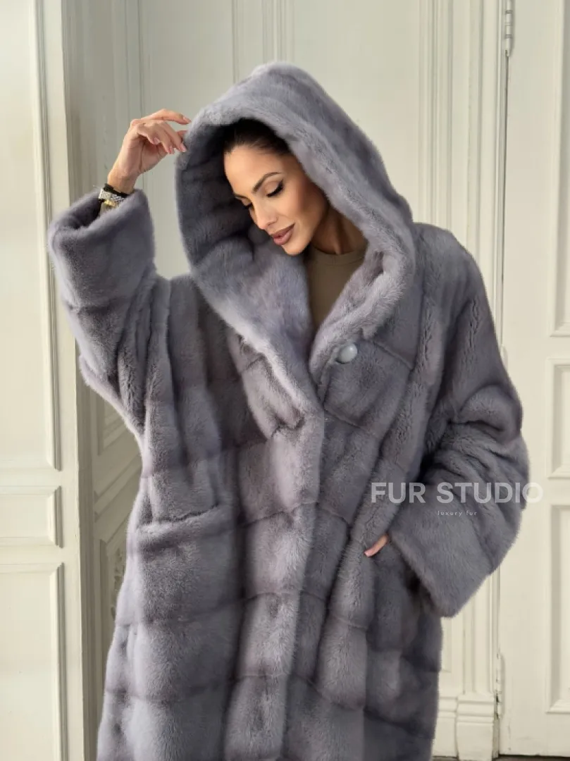 Длинная голубая норковая шуба с капюшоном PLUS SIZE