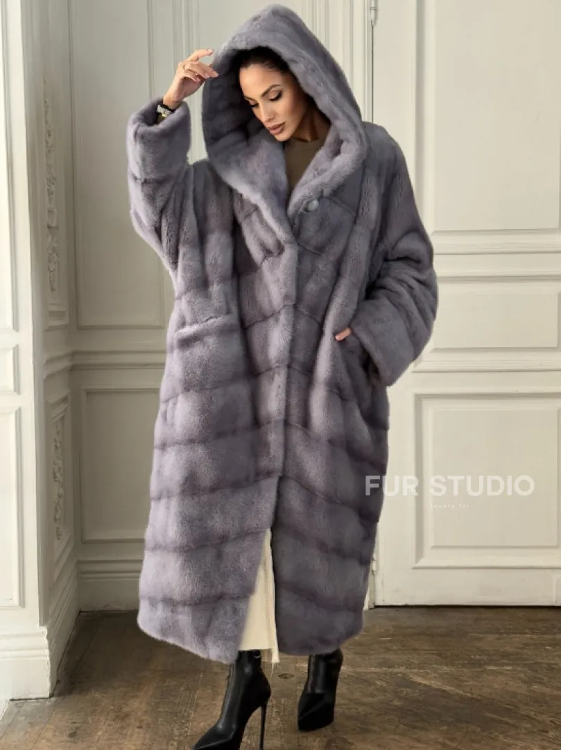 Длинная голубая норковая шуба с капюшоном PLUS SIZE