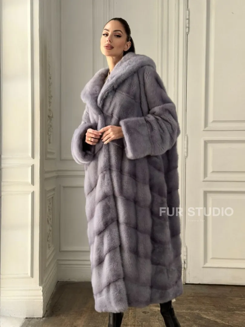 Длинная голубая норковая шуба с капюшоном PLUS SIZE