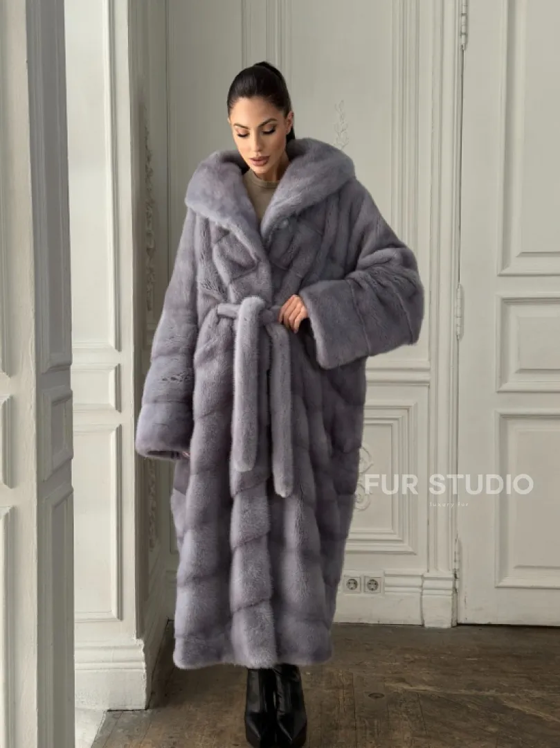 Длинная голубая норковая шуба с капюшоном PLUS SIZE - фото 8