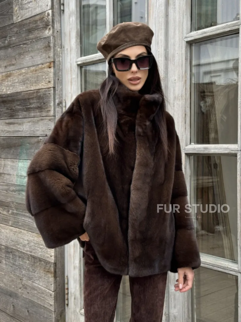 Норковый полушубок из меха аукционной норки, стойка воротник - фото 10