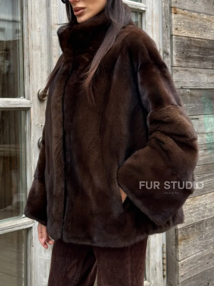 Норковый полушубок из меха аукционной норки, стойка воротник - фото 1