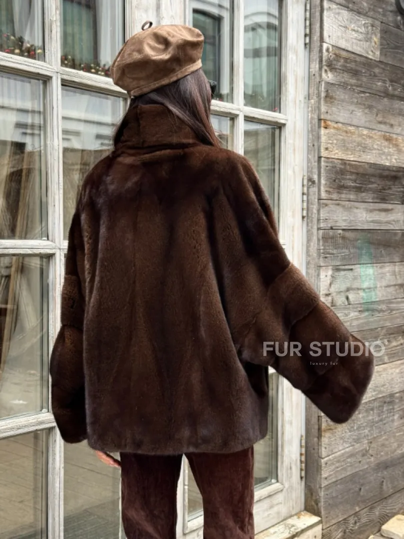 Норковый полушубок из меха аукционной норки, стойка воротник - фото 3