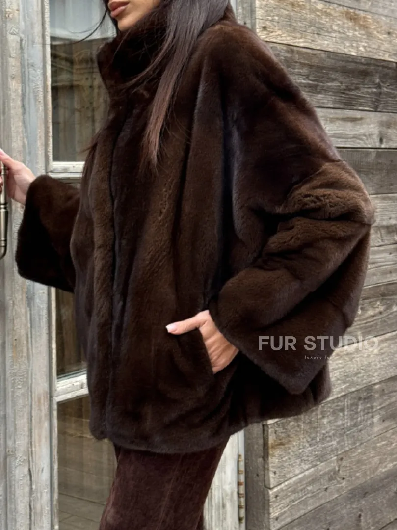 Норковый полушубок из меха аукционной норки, стойка воротник - фото 2