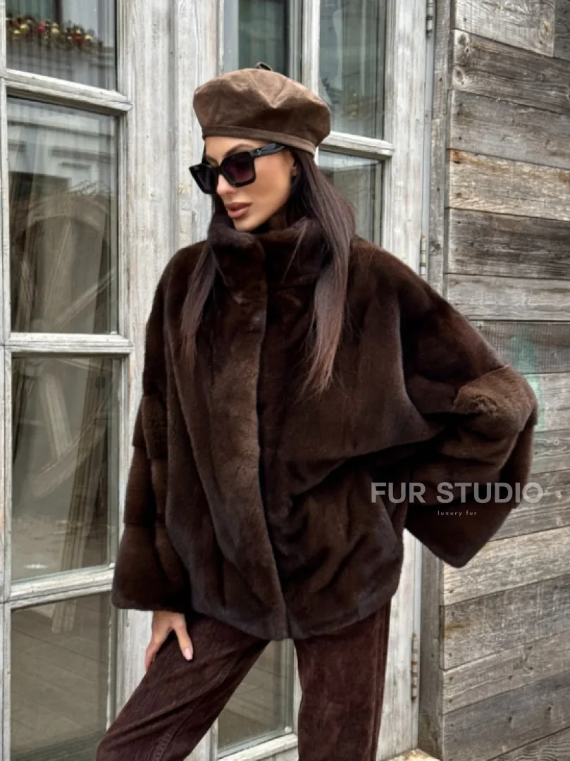 Норковый полушубок из меха аукционной норки, стойка воротник - фото 11