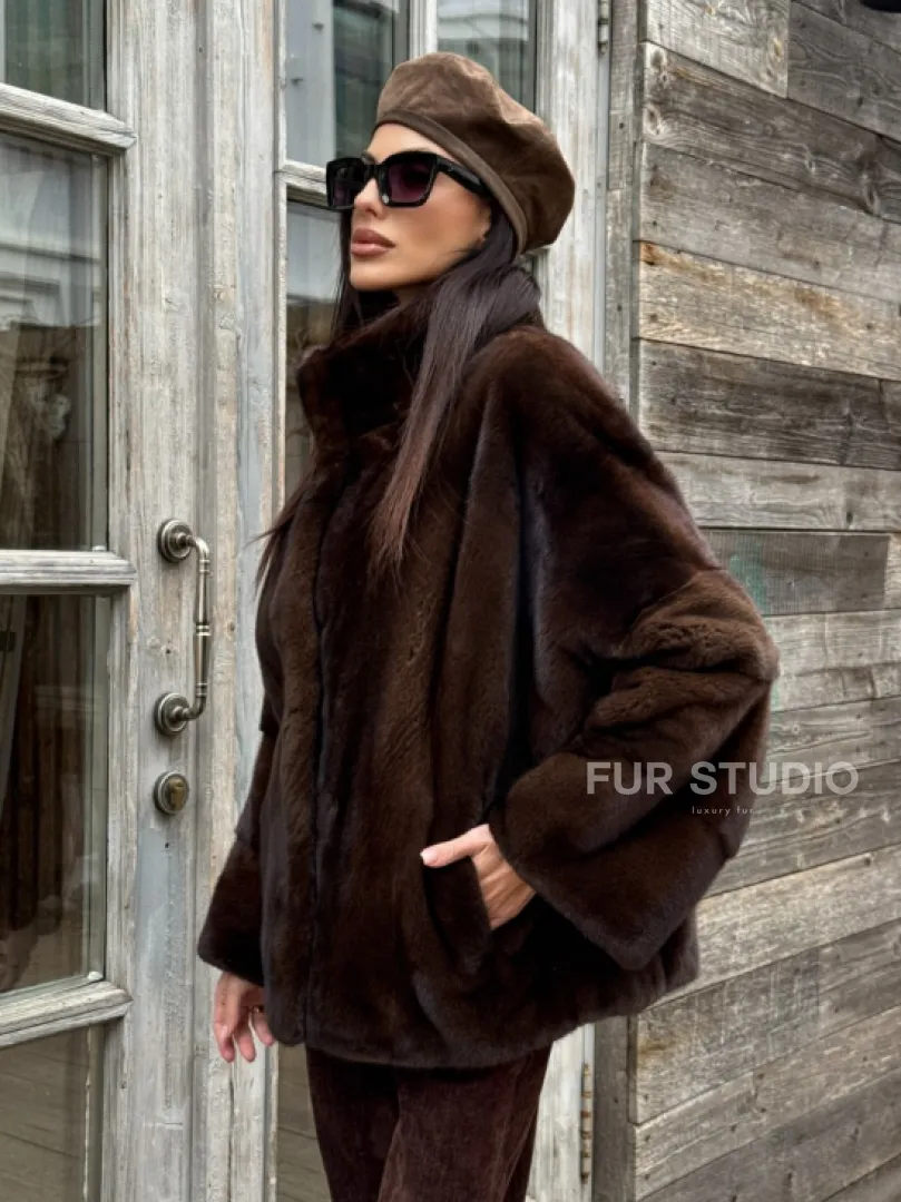 Норковый полушубок из меха аукционной норки, стойка воротник - фото 4