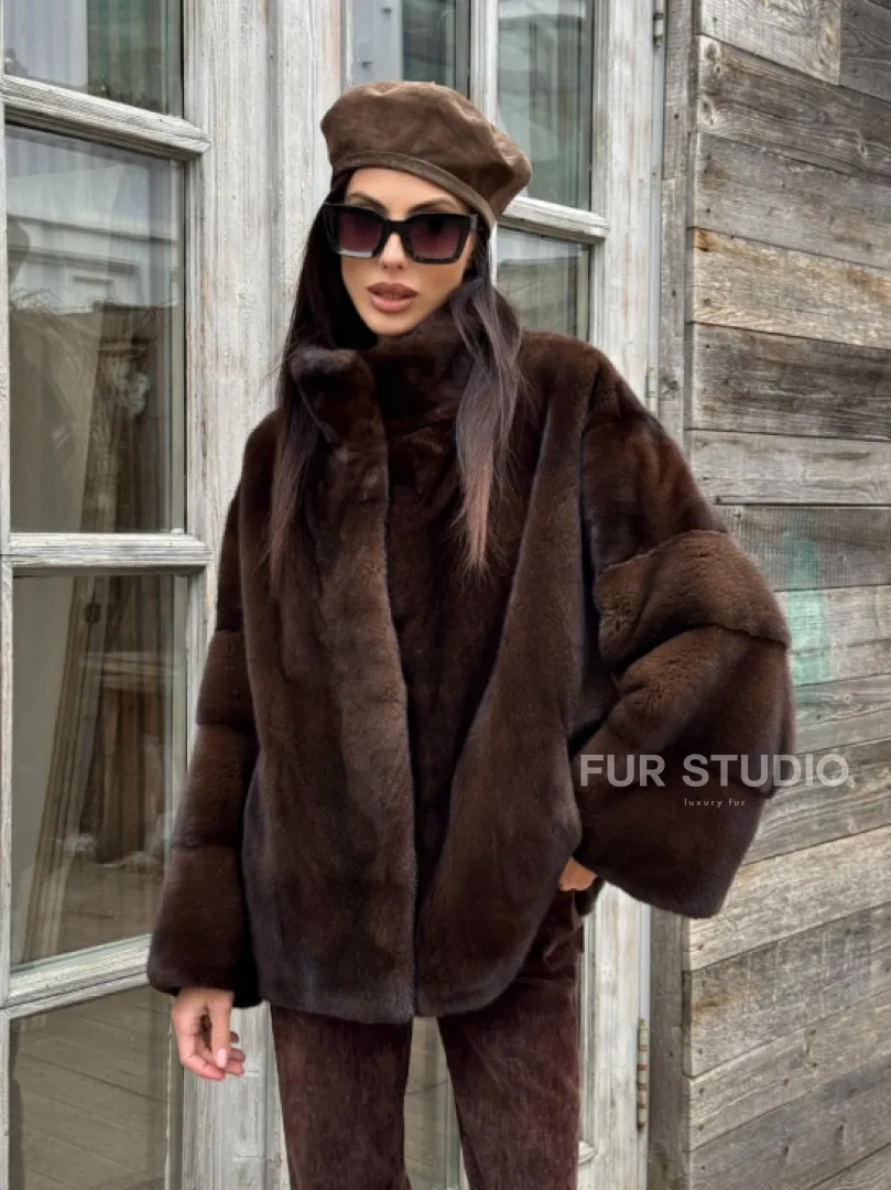 Норковый полушубок из меха аукционной норки, стойка воротник - фото 9