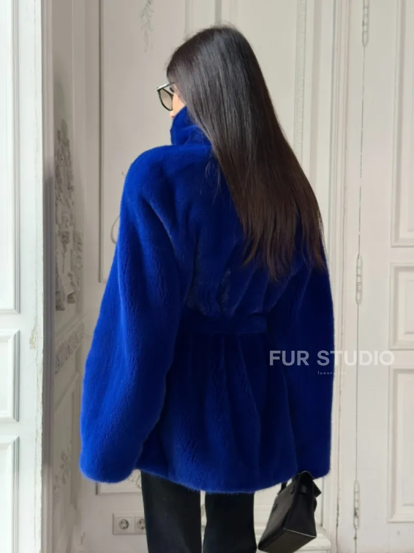 Полушубок из меха премиальной плюшевой норки Electric Blue - фото 5