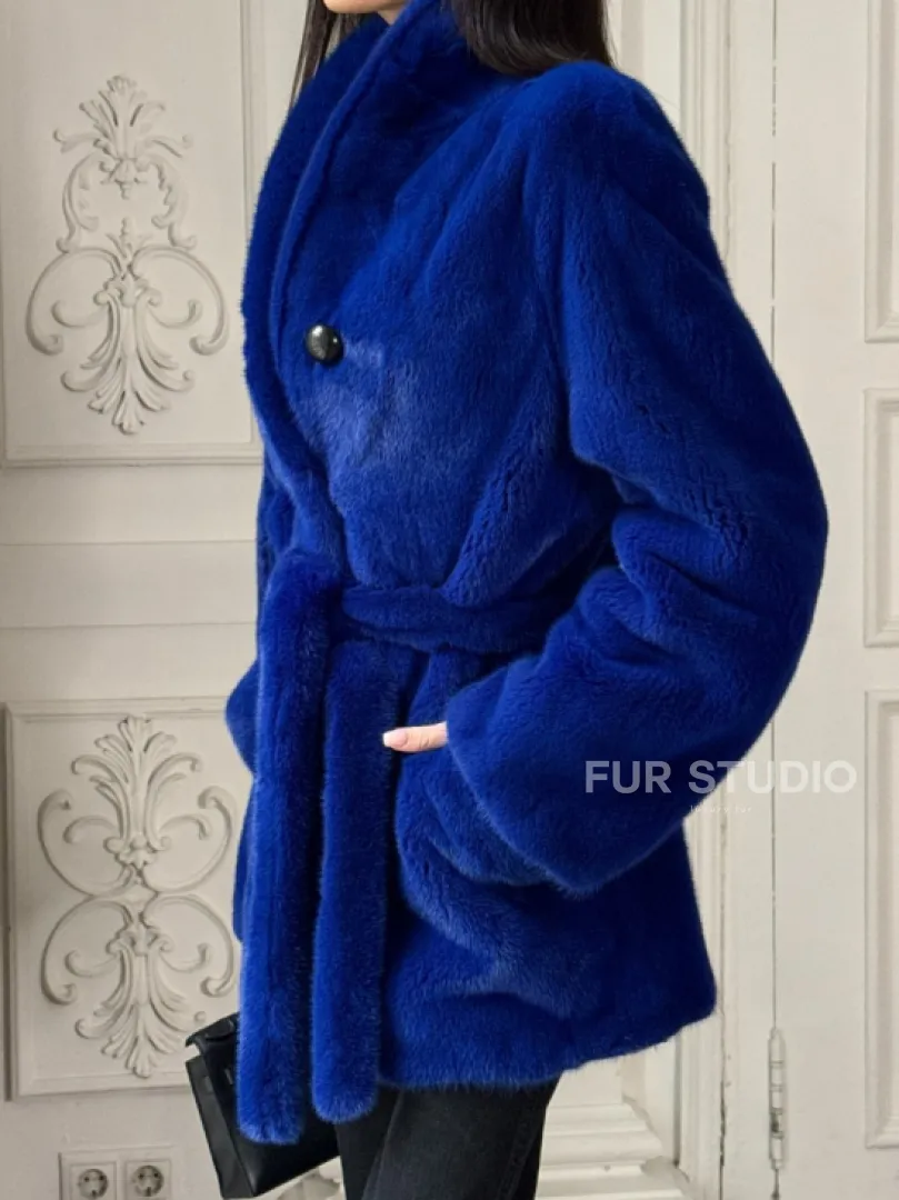 Полушубок из меха премиальной плюшевой норки Electric Blue - фото 1