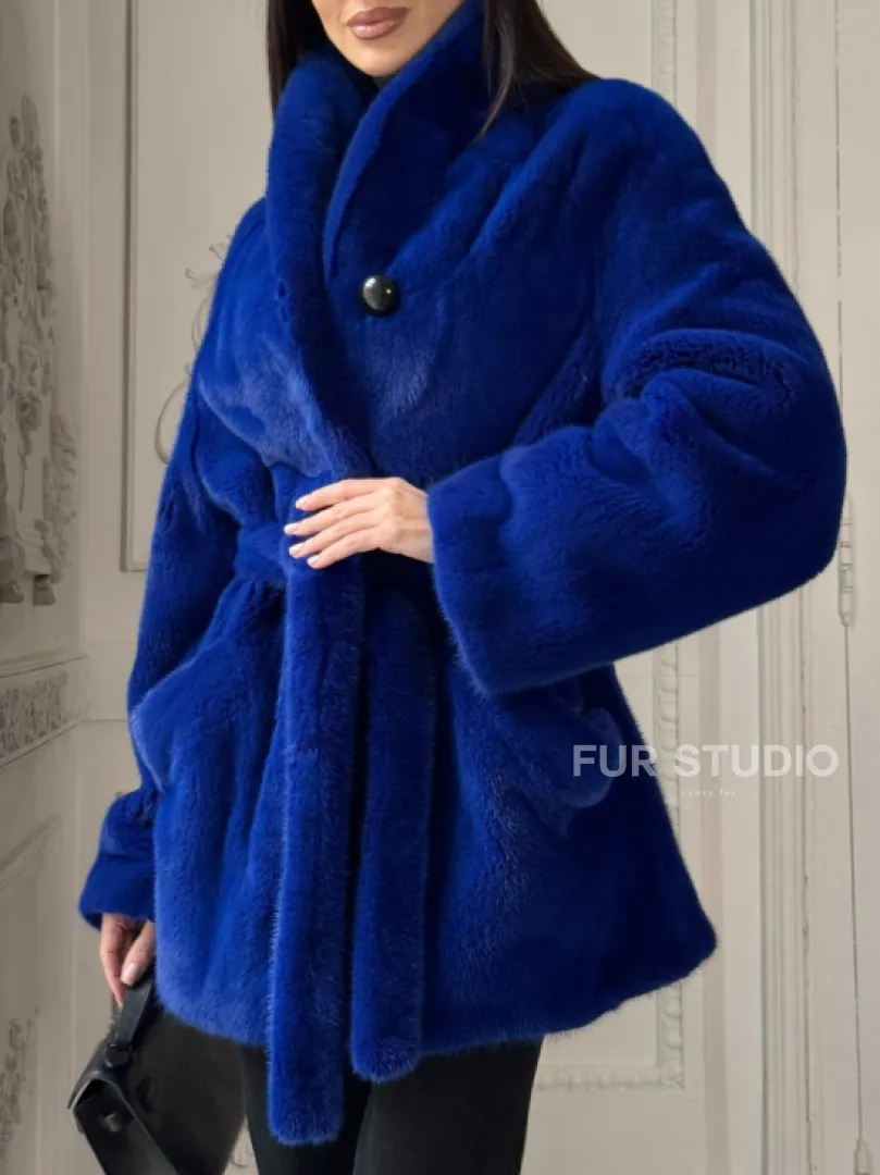 Полушубок из меха премиальной плюшевой норки Electric Blue - фото 3